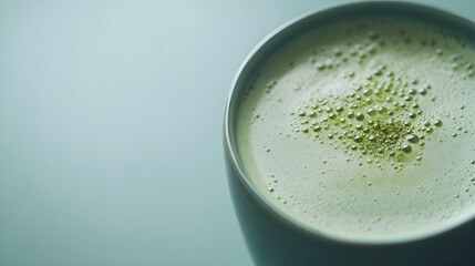 A close-up of a matcha green tea latte with froth reveals a smooth texture and rich green color, showcasing the creamy surface and delicate bubbles