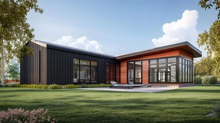 Fototapeta premium Modern House with Black Siding and Wood Accents