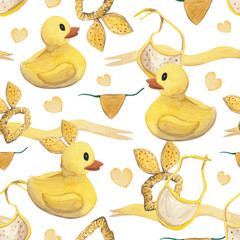 A playful watercolor pattern featuring yellow rubber ducks, bibs, hair scrunchies, and heart shapes against a bold white background. This vibrant and cheerful design is perfect for baby products
