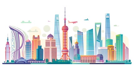 Fototapeta premium Colorful Skyline Illustration Of Shanghai Cityscape With Famous Landmarks