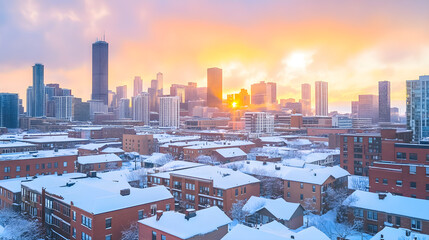 A urban skyline at sunrise features snow-covered rooftops, bathed in golden light, creating a serene winter cityscape