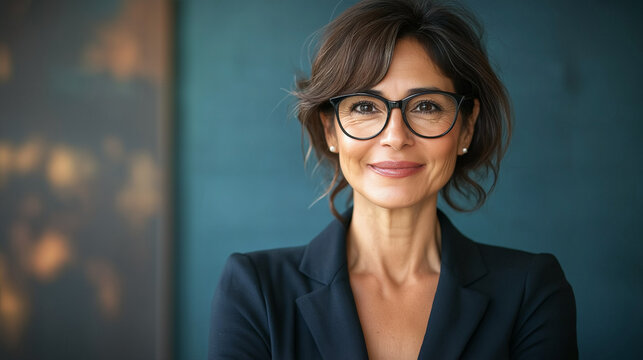 Successful hispanic senior business woman standing confident proudly smiling aside. European Latin 40s years mature good looking middle age leader female businesswoman in office