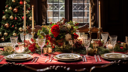 Fototapeta premium Christmas at the manor, holiday tablescape and dinner table setting, English countryside decoration and festive interior decor