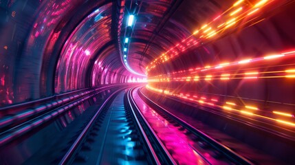 Colorful light trails in a curved subway tunnel at night