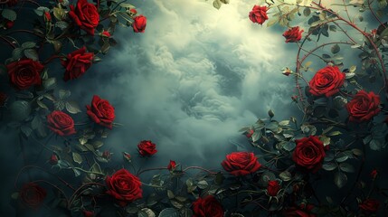 Red roses bloom amidst cloudy background in a serene garden setting