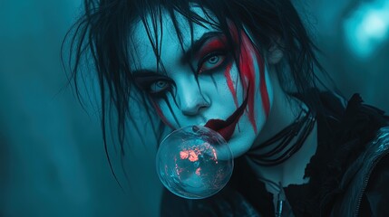 Naklejka premium Enigmatic Character with Dramatic Makeup and Bright Hair: A Stunning Poster for Sporty Interiors, Capturing Mystery and Expression Amidst Shadowy Settings