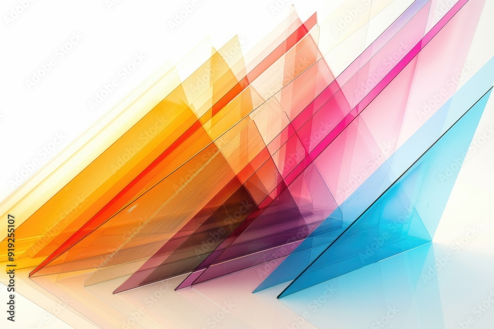 Poster a collection of colorful plastic triangles arranged on a clean white surface