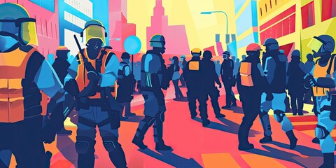 Obraz premium Silhouettes of riot police in an urban setting.