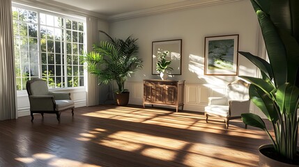 Fototapeta premium Sunlight Streaming Through Window in Living Room with Two Chairs and Plants