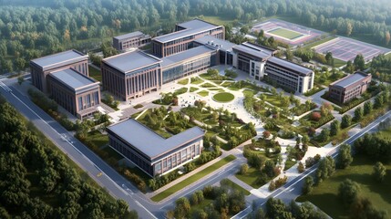 Aerial View of a Modern University Campus with Green Spaces