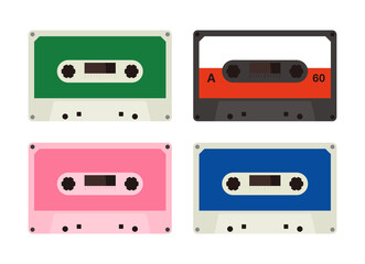 A set of illustrations of the analog audio medium 'cassette tape' in a retro, vintage, and retro style. Cassette tapes are used to listen to music using a portable cassette player electronic device.