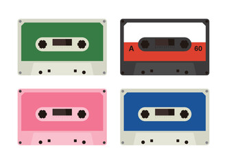 A set of illustrations of the analog audio medium 'cassette tape' in a retro, vintage, and retro style. Cassette tapes are used to listen to music using a portable cassette player electronic device.