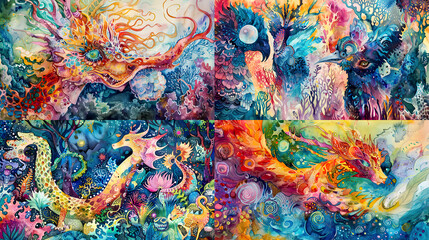 Whimsical texture in watercolor of mythical creatures and fantastical beasts, vibrant colors, and whimsical landscapes 