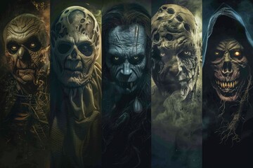 A group of decomposing human skulls arranged in a line, perfect for horror or Halloween themes