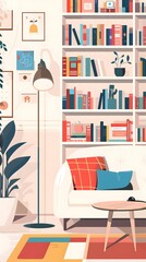 Cozy Living Room Interior With White Sofa and Bookshelf