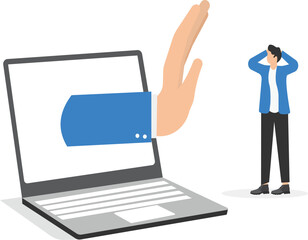 a man in a business suit is standing with a laptop with a lock and a cyber arm ordering to stop,

