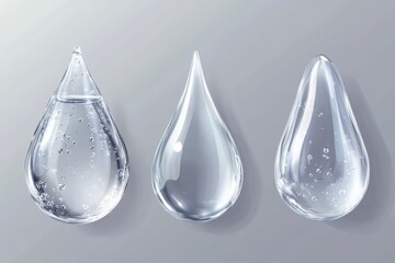 A minimalist image showcasing three transparent droplets, each with unique colors and suspended in mid-air, symbolizing purity, clarity, and simplicity.