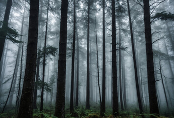 Abstract foggy forest with tall trees and mist