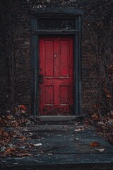A single red door standing out on a dark, abandoned building. 