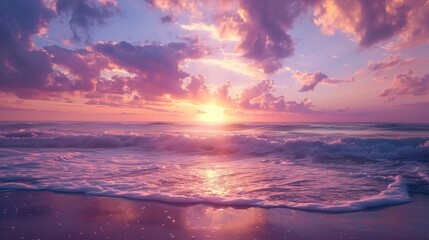 Fototapeta premium Colorful sunset over tranquil ocean waves at the beach during early evening