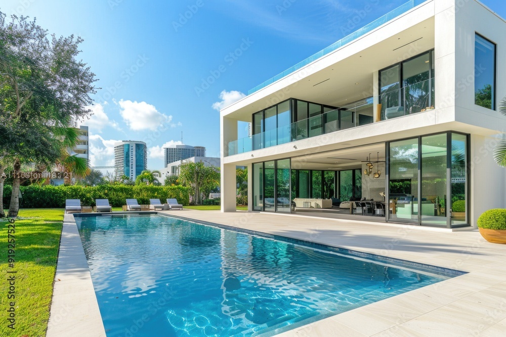 Poster a large swimming pool in front of a modern home, great for relaxing or entertaining