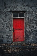 A single red door standing out on a dark, abandoned building. 
