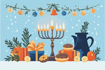 A colorful Hanukkah scene with a lit menorah, gifts, and traditional treats, set against a snowy backdrop, representing the joyous festival of lights.