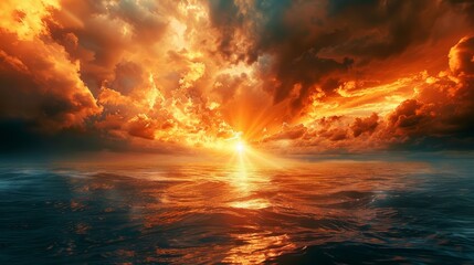 Stunning sunset over calm ocean waters with vibrant clouds reflecting warm colors