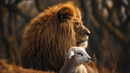 Naklejka premium Lion and sheep together in a serene moment during golden hour in a natural setting