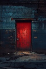 A single red door standing out on a dark, abandoned building. 