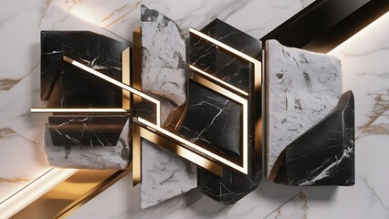 3d render, abstract artificial stone texture, marble background, modern black white gold wallpaper
