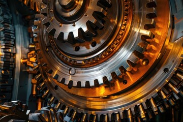 A close-up view of machinery parts with intricate gears, suitable for use in industrial or technical contexts