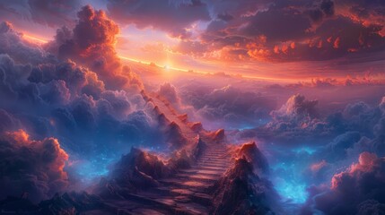 Magical sunset over a cloud-covered pathway leading to the horizon