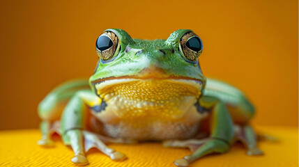 frog with a yellow throat, sitting on a yellow surface.