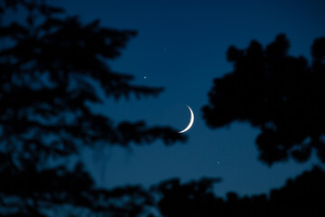 Crescent Moon, stars, planet conjunction and landscape scenery silhouettes.
