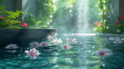 Spa pool with floating flowers and cascading water. Tranquil spa pool with floating flowers and cascading water, set amidst lush greenery, creating a peaceful and refreshing environment.