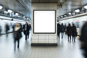 Busy subway station with blank advertising display and commuters moving past during rush hour