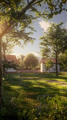 Obraz premium Beautiful Green Meadow with Two Small Houses in the Background