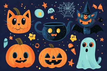 A fun and spooky set of Halloween-themed icons, featuring pumpkins, bats, ghosts, and candy corn in classic black and orange.