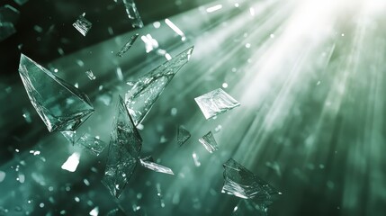 Close-up of shattered glass with dramatic lighting and reflections