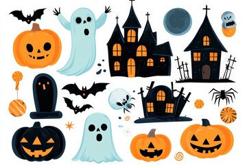 A fun Halloween-themed illustration featuring classic Halloween icons like bats, pumpkins, witches' hats, and more.