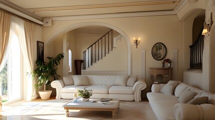 Elegant Living Room with White Couches and Staircase