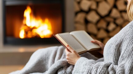 A serene scene of a woman reading a book by a fireplace in a cozy log cabin, with a soft blanket draped over her lap and the warm glow of the fire