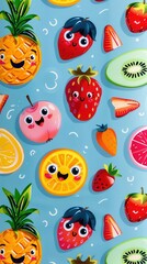 Fototapeta premium Whimsical fruit characters display joyful expressions against a bright blue background
