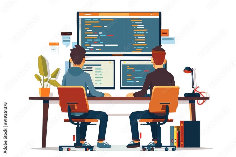 Poster two men working together on a computer