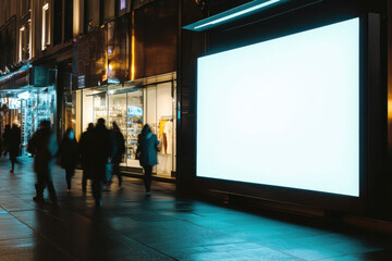 Busy urban street at night with pedestrians passing a blank display in a shopping district