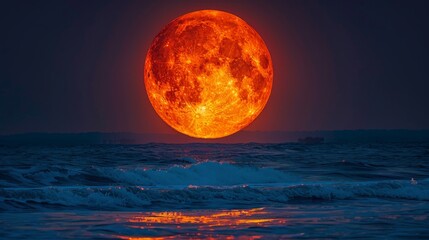 Vivid orange moon setting over waves at dusk on a tranquil beach