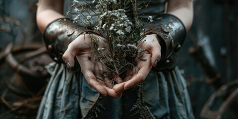 Woman with metal bracelets holding delicate flowers.