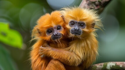 Fototapeta premium Two golden lion tamarins cuddling on a tree branch in a lush green rainforest
