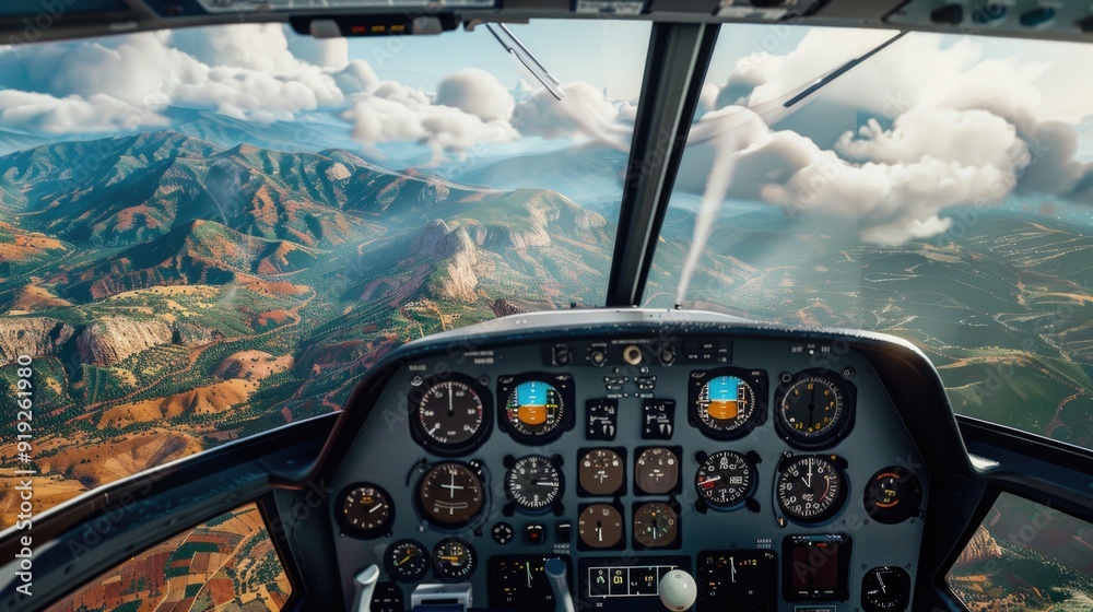 Poster aerial perspective from inside an airplane cockpit showing mountains in the distance, suitable for t